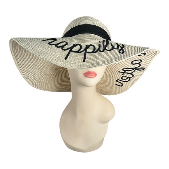 Mud Pie Happily Ever After Straw Sun Hat Wide Brim Embroidered One Size Vacation - Picture 5 of 12